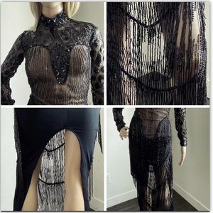 Angela&Brinks Designer Black Glitter Long Sleeve Evening Dress size S